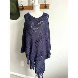 Navy Blue Riah Fashion Fringe Poncho